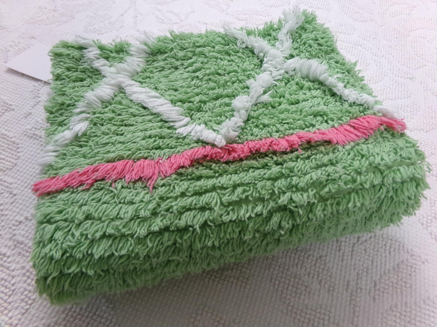 vintage apple green chenille fabric, plush terrytuft geometric design, 18" x 32" piece