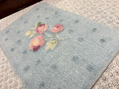 Small Vintage Chenille Rug, Pink Roses & Dots Blue 16" x 24" Accent Mat / Wall Hanging