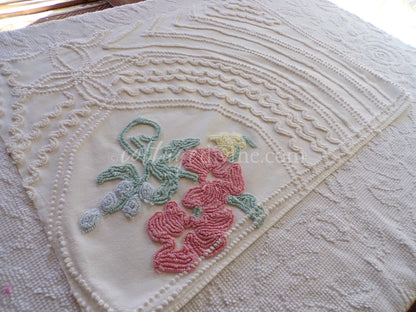 Angelic Lily Vintage Chenille Quilt Fabric Piece, 18" x 25" inches, Pretty in Pillows