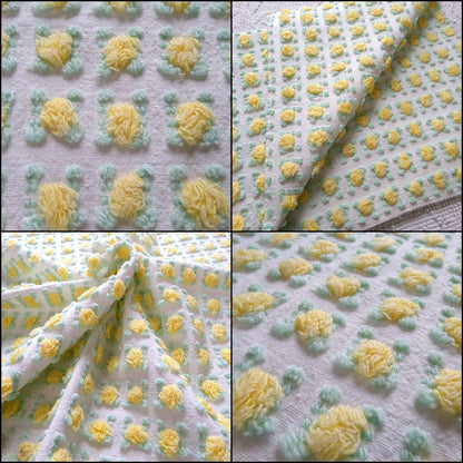 yellow rosebud vintage chenille fabric, lemon tufted rose sewing quilt material 18x24"