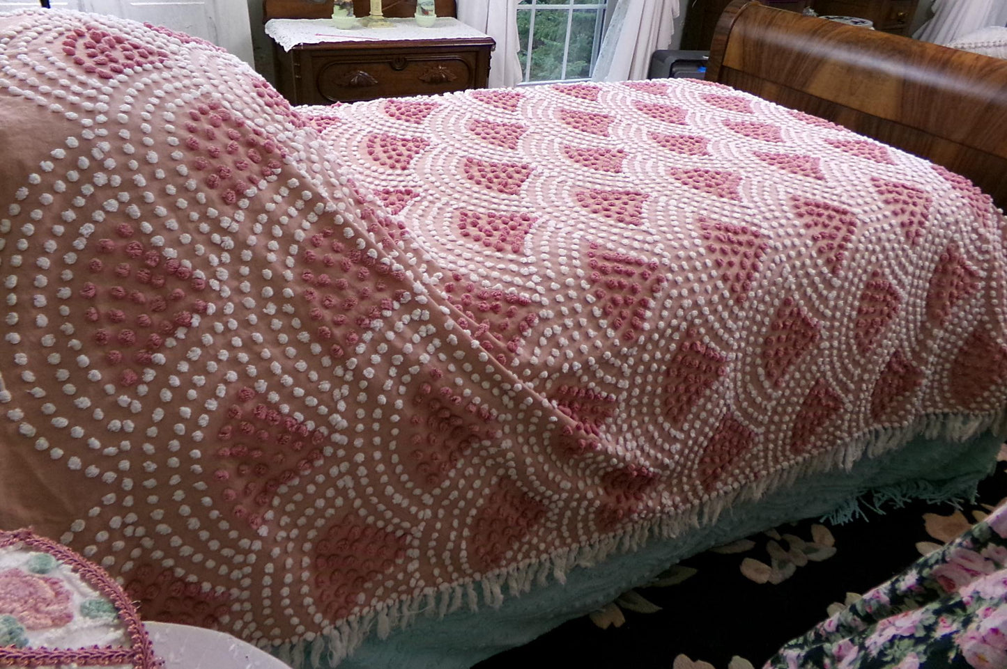 pink mermaid tails vintage chenille bedspread, antique twin size coverlet summer bedding