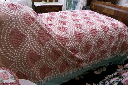 pink mermaid tails vintage chenille bedspread, antique twin size coverlet summer bedding