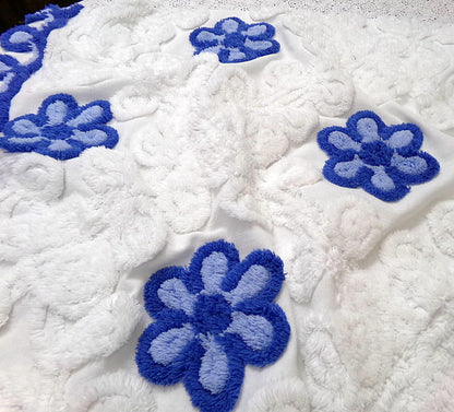 Vintage Chenille Bedspread Fabric, Plush Blue Flowers White Curlicues, 20x26" Piece