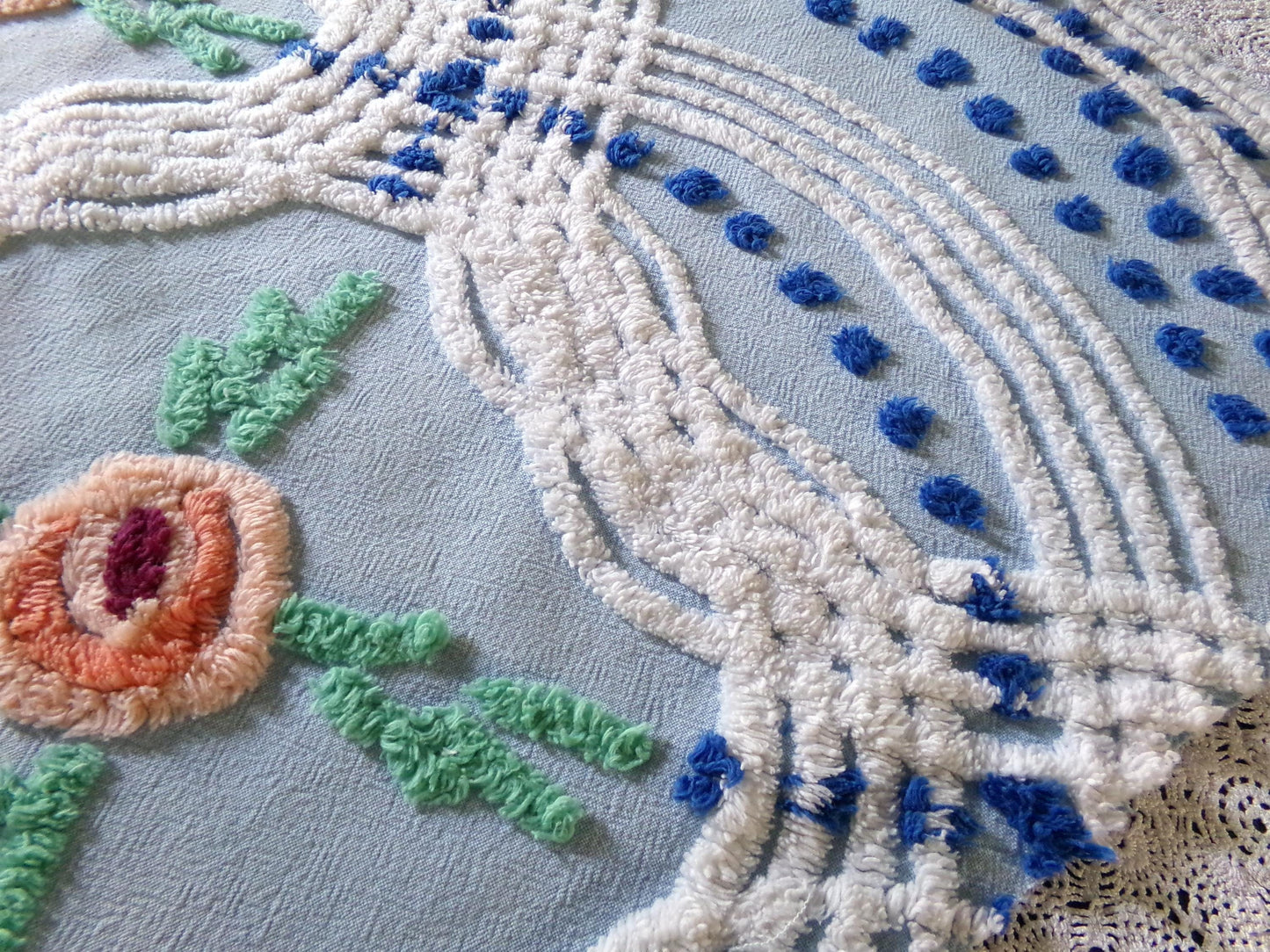 Coastal Cottage Vintage Chenille Fabric, Blue Rose Floral Sewing & Quilt Material 21" x 23"