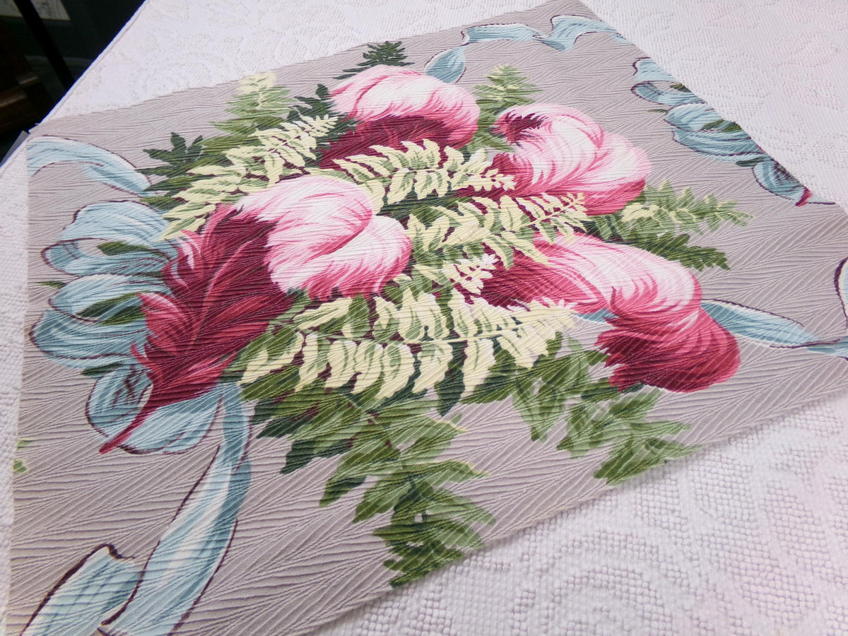 Pink Feather Plumes Vintage Barkcloth Style Fabric Rayon Texture Material 19x22"