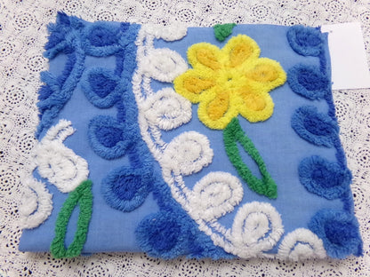 Colorful Blue Vtg Chenille Bedspread Fabric 19x24" Pc Floral Sewing Material