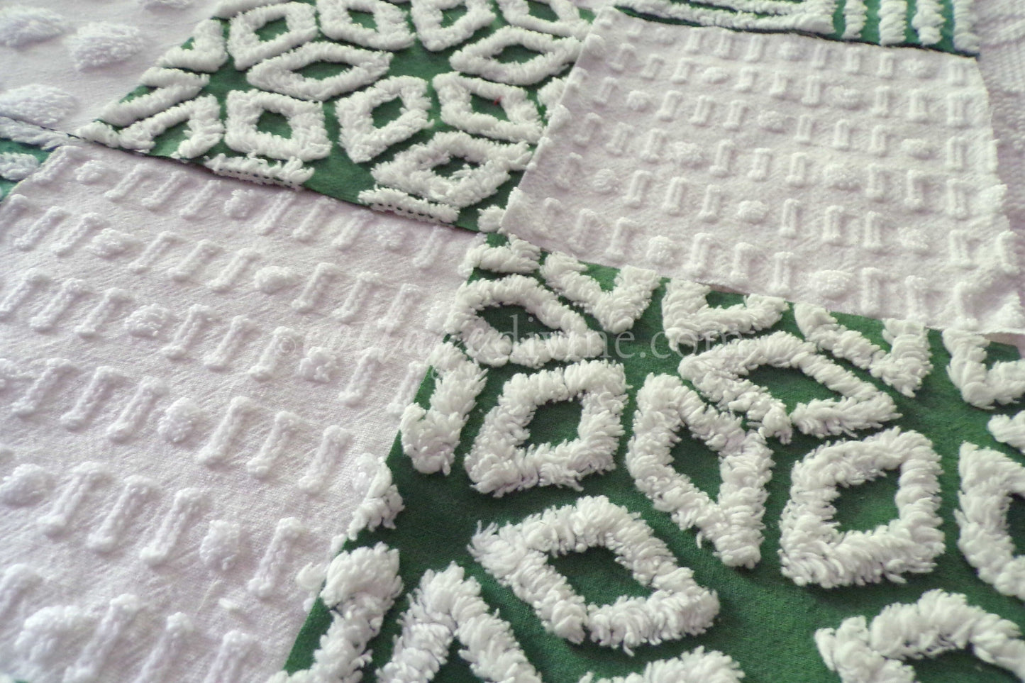 First Snowfall Quilt Squares Set, from Vintage Chenille Bedspread Fabric, 16 Blocks, 6" x 6" inch, Evergreen & White