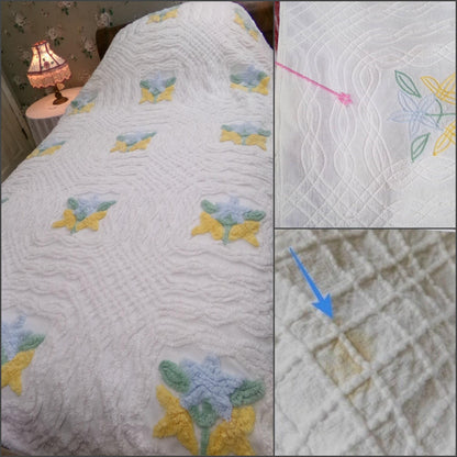 Country Cottage Chic 1950s Cotton Floral Vintage Chenille Bedspread, Full Size