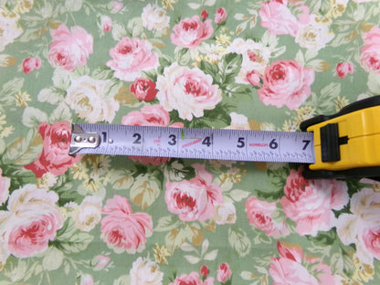 Vintage Cotton Quilt Fabric English Rose Floral Pink Green Shabby Chic Cottage 30" x 36"