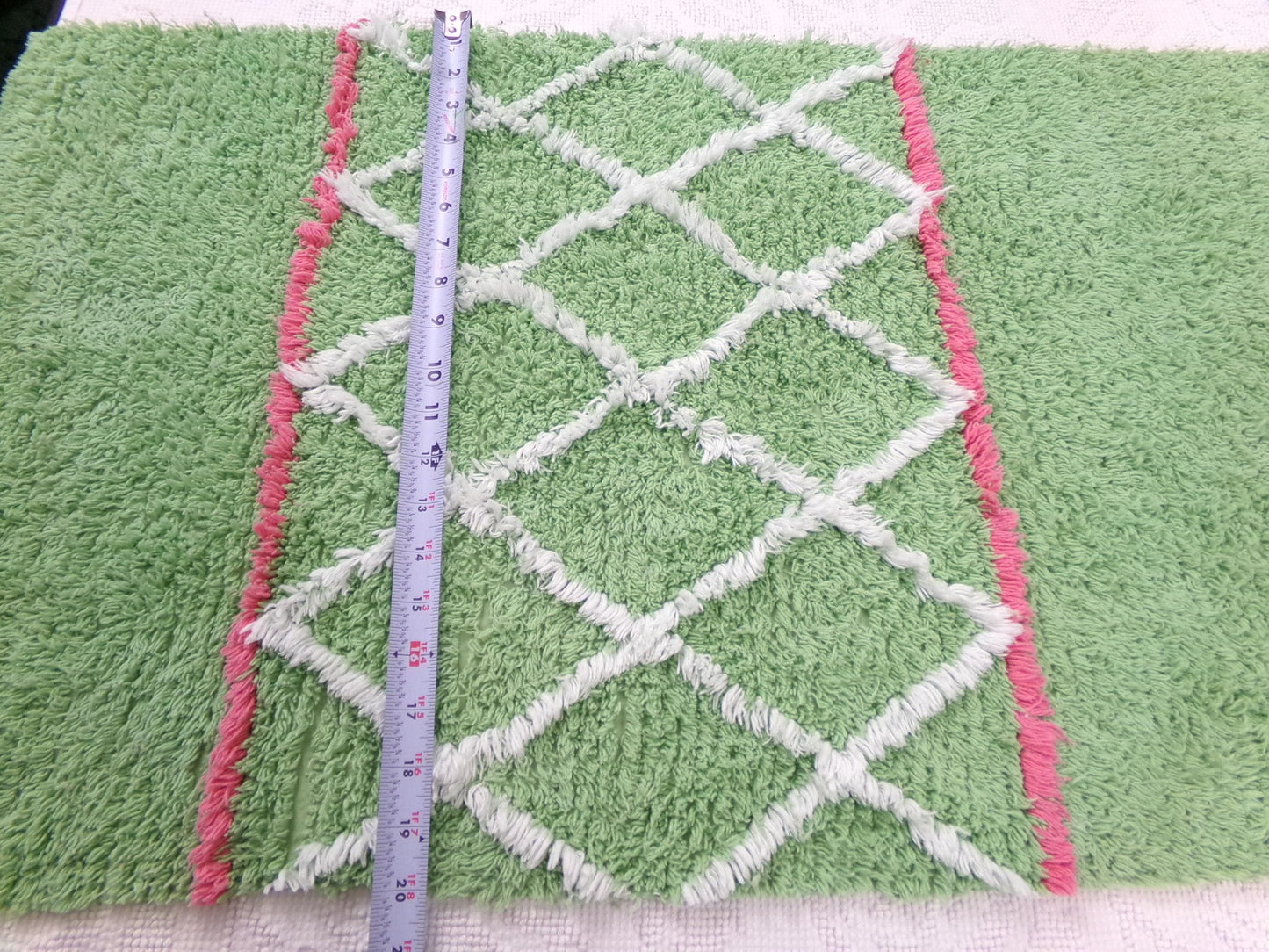 vintage apple green chenille fabric, plush terrytuft geometric design, 18" x 32" piece