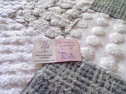 Gender Neutral Chenille Fabric Squares Set from Vintage Bedspread Fabrics, 16 Quilt Blocks, 6" inch, Modern Grey & White