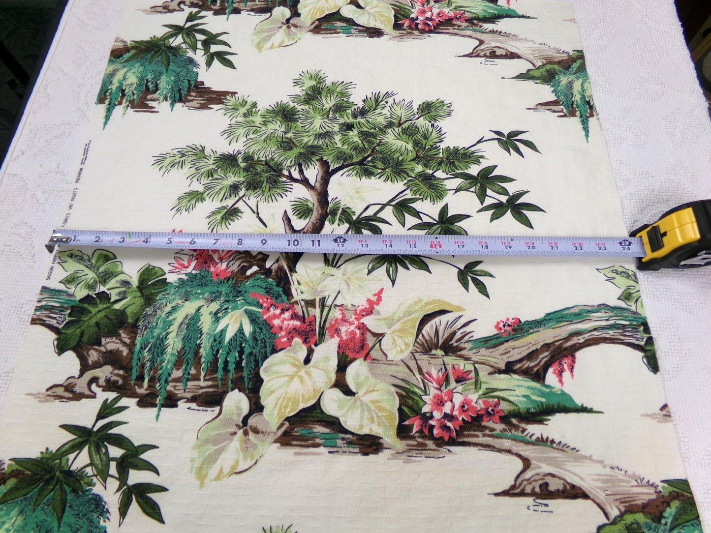 Polynesian Paradise Vintage Barkcloth Fabric Panel Shabby Tropical Garden Fantasy 23" x 28"