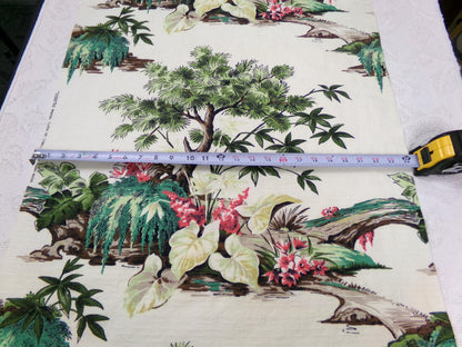 Polynesian Paradise Vintage Barkcloth Fabric Panel Shabby Tropical Garden Fantasy 23" x 28"