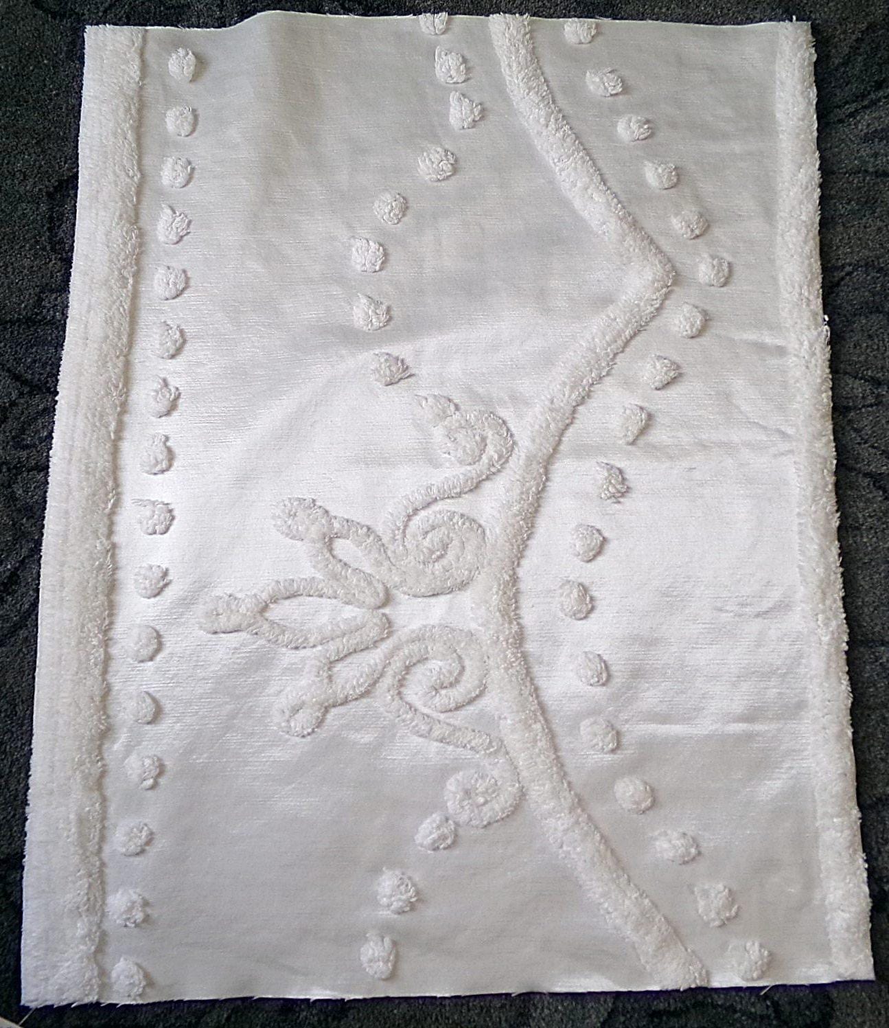 Tufted White Satin Vintage Chenille Bedspread Fabric, Shabby Romantic 19x24"