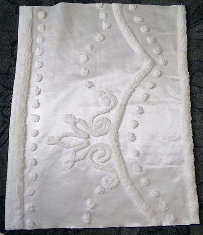 Tufted White Satin Vintage Chenille Bedspread Fabric, Shabby Romantic 19x24"