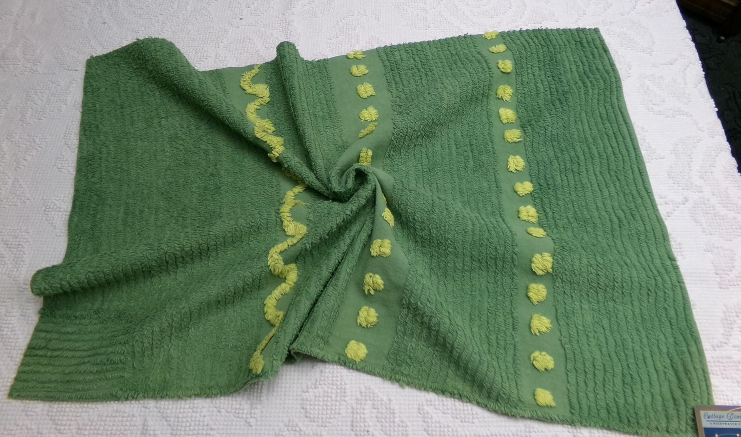 Goblin Green Vintage Chenille Bedspread Fabric Piece | Sewing Quilt Material 17" x 25"