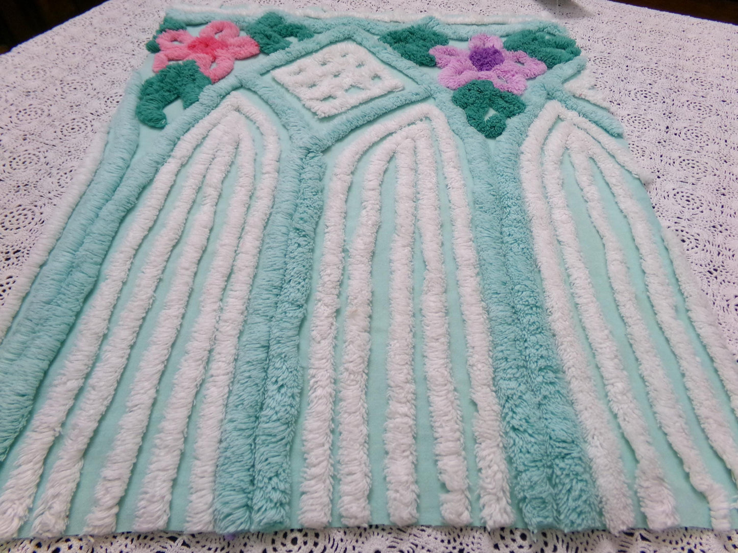 Breezy Fresh Aqua Vintage Chenille Fabric Cathedral Stripe Floral 16x20" Shabby Chic