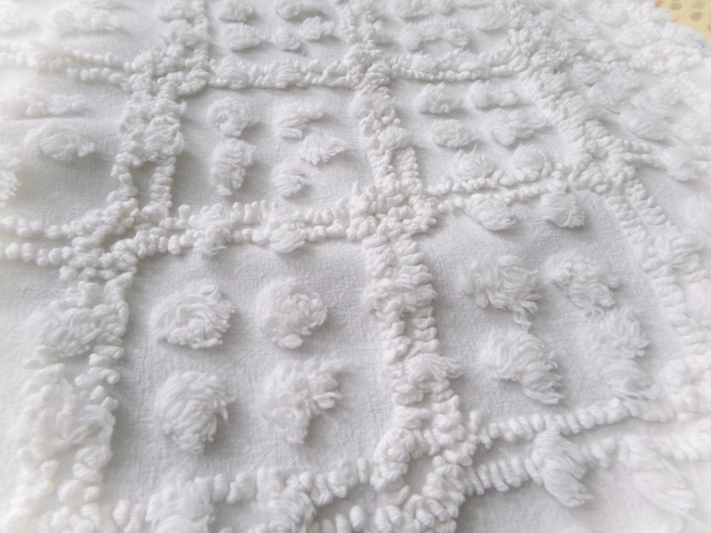 White Vintage Chenille Fabric: Tumbling Block Pops Geometric Design, 20" x 24" Piece Sewing & Quilt Material