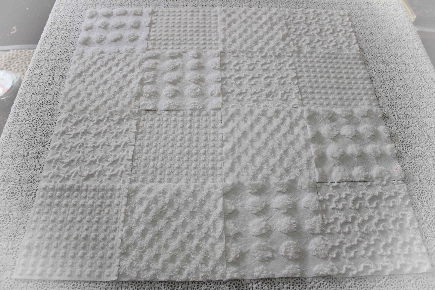 white chenille fabric squares in great textures, coin dots, lattice, mini pop sparkle & squiggles, 16 vintage quilt blocks, 6" x 6" ea