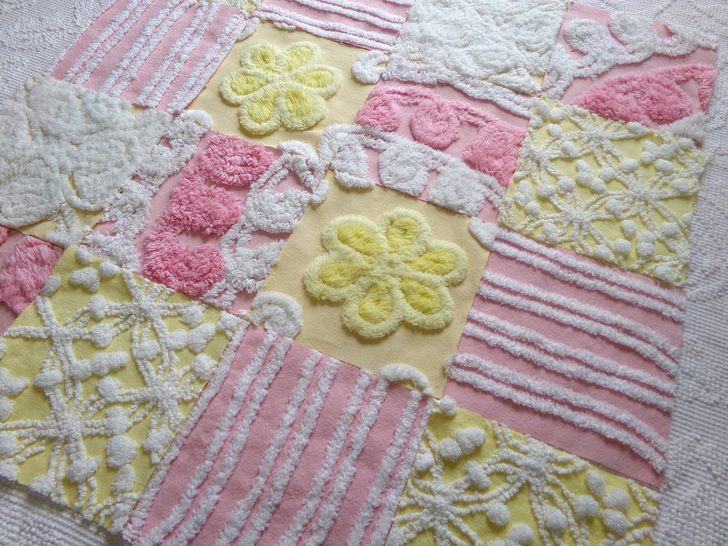 vintage chenille fabric squares, "sunshine smiles" set of 16 pink & yellow floral 6" quilt blocks for quilting, crafts, sewing