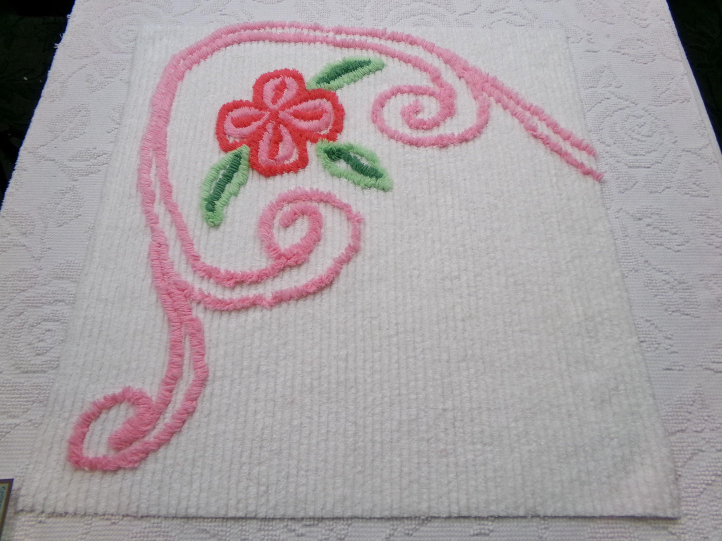 Vintage Chenille Fabric, Pink Flower Abstract Heart Piece Sewing & Quilt Material 22" x 23"