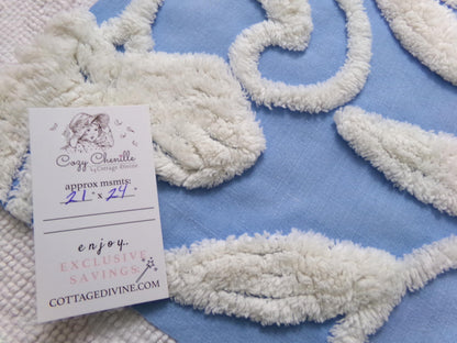 Vintage Chenille Fabric Piece, White Botanical Floral on Sky Blue, 21" x 24" Sewing Material