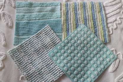 Sea Mist Chenille Quilt Squares Set, from Vintage Bedspread Fabric, 17 Blocks, 6" inch in Coastal Blues, Aqua