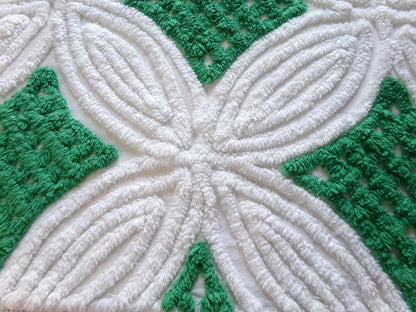 Vintage Chenille Bedspread Fabric, Preppy Kelly Green White Geometric, 20x23"