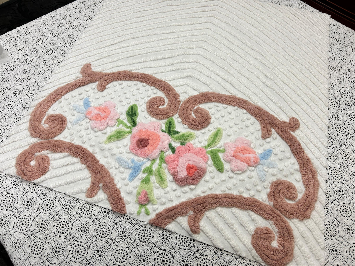 Vintage Floral Chenille Fabric, 22x24" Antique Sewing Textile