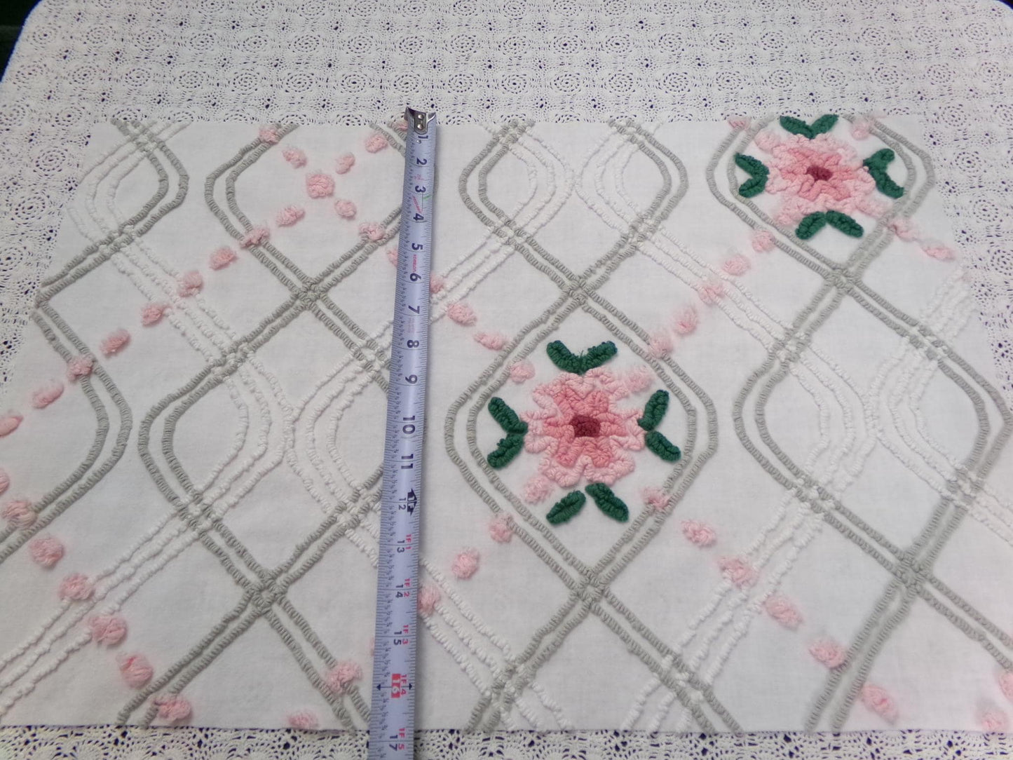 Romantic Rose Vintage Chenille Bedspread Fabric Dove Grey, Pink White Quilt Material 16" x 24"
