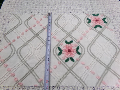 Romantic Rose Vintage Chenille Bedspread Fabric Dove Grey, Pink White Quilt Material 16" x 24"