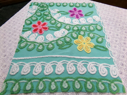 Vintage Green Chenille Fabric, Floral Swirl Design, 20x25" Piece