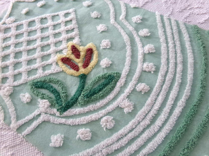 springtime tulip vintage chenille fabric, mint green floral cotton sewing material, 13" x 23" inch piece