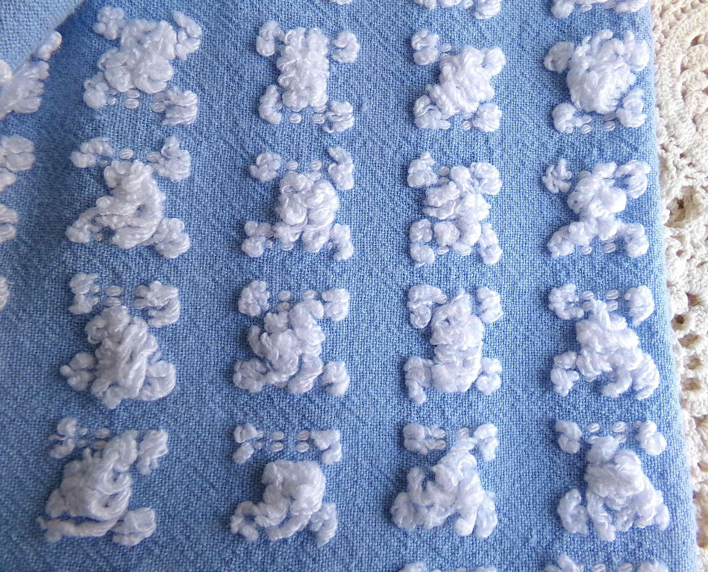 White Rosebud Vintage Chenille Fabric Piece, Beyond Beautiful Blue Rose Material for Quilts & Pillows, 24" x 20" inches