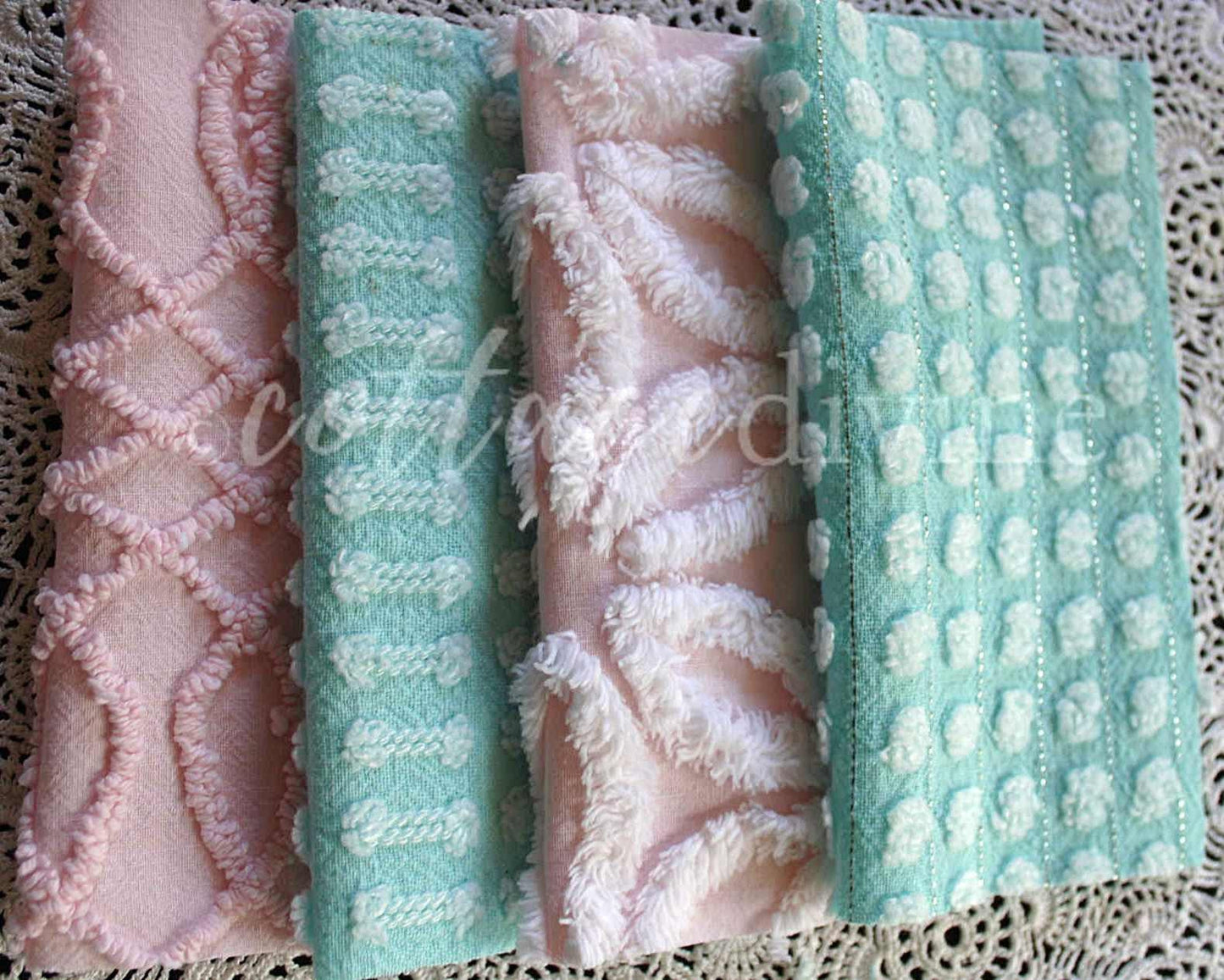 pink & aqua chenille fabric squares, set of quilt blocks cut from vintage chenille bedspreads, set of 16, 6" x 6" each for sewing, crafts