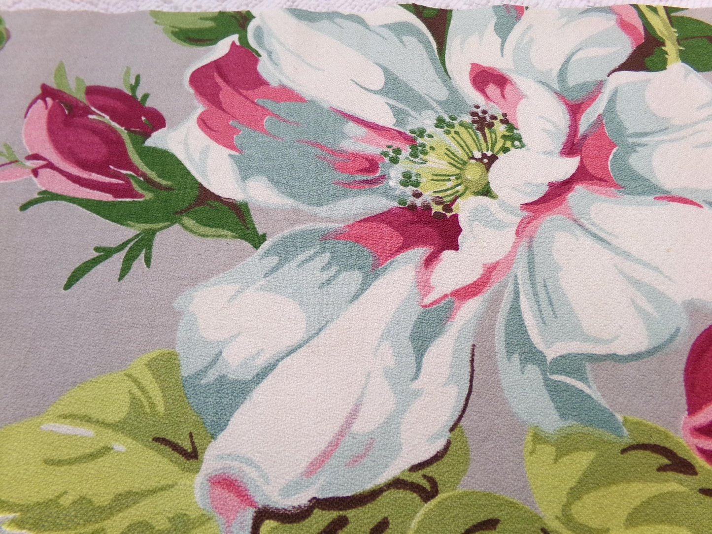 Vintage Barkcloth Fabric 1940s Pink Aqua Magnolia Floral Gray Mid-Century, 22" x 34"