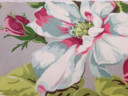 Vintage Barkcloth Fabric 1940s Pink Aqua Magnolia Floral Gray Mid-Century, 22" x 34"
