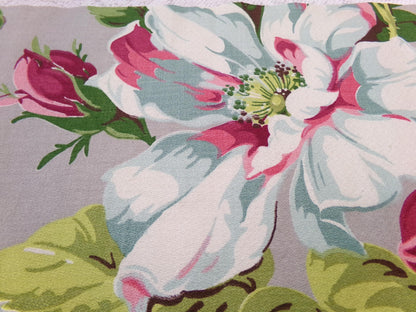 Vintage Barkcloth Fabric 1940s Pink Aqua Magnolia Floral Gray Mid-Century, 21" x 33"