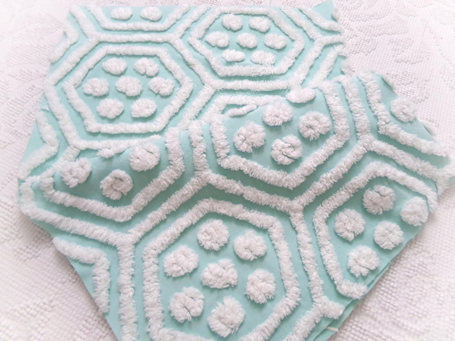 Vintage Chenille Fabric Coastal Fresh Aqua White Geometric Hexagon Dot 18x24"