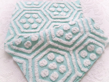 Vintage Chenille Fabric Coastal Fresh Aqua White Geometric Hexagon Dot 18x24"