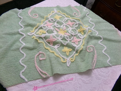 Vintage Chenille Fabric Piece, Mint Green Floral Cottage Chic Quilt Material 24" x 38"