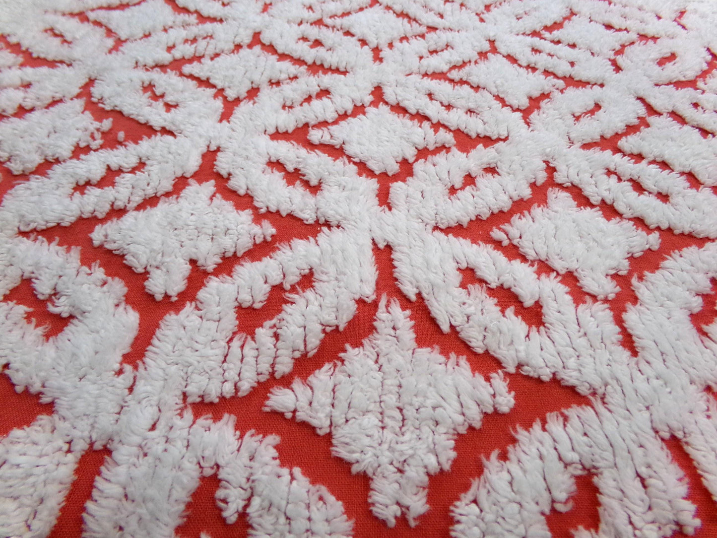 Classic Red Vintage Chenille Fabric, tufted white geometric designs, piece sewing craft quilt material, 18" x 24"