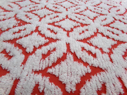 Classic Red Vintage Chenille Fabric, tufted white geometric designs, piece sewing craft quilt material, 18" x 24"