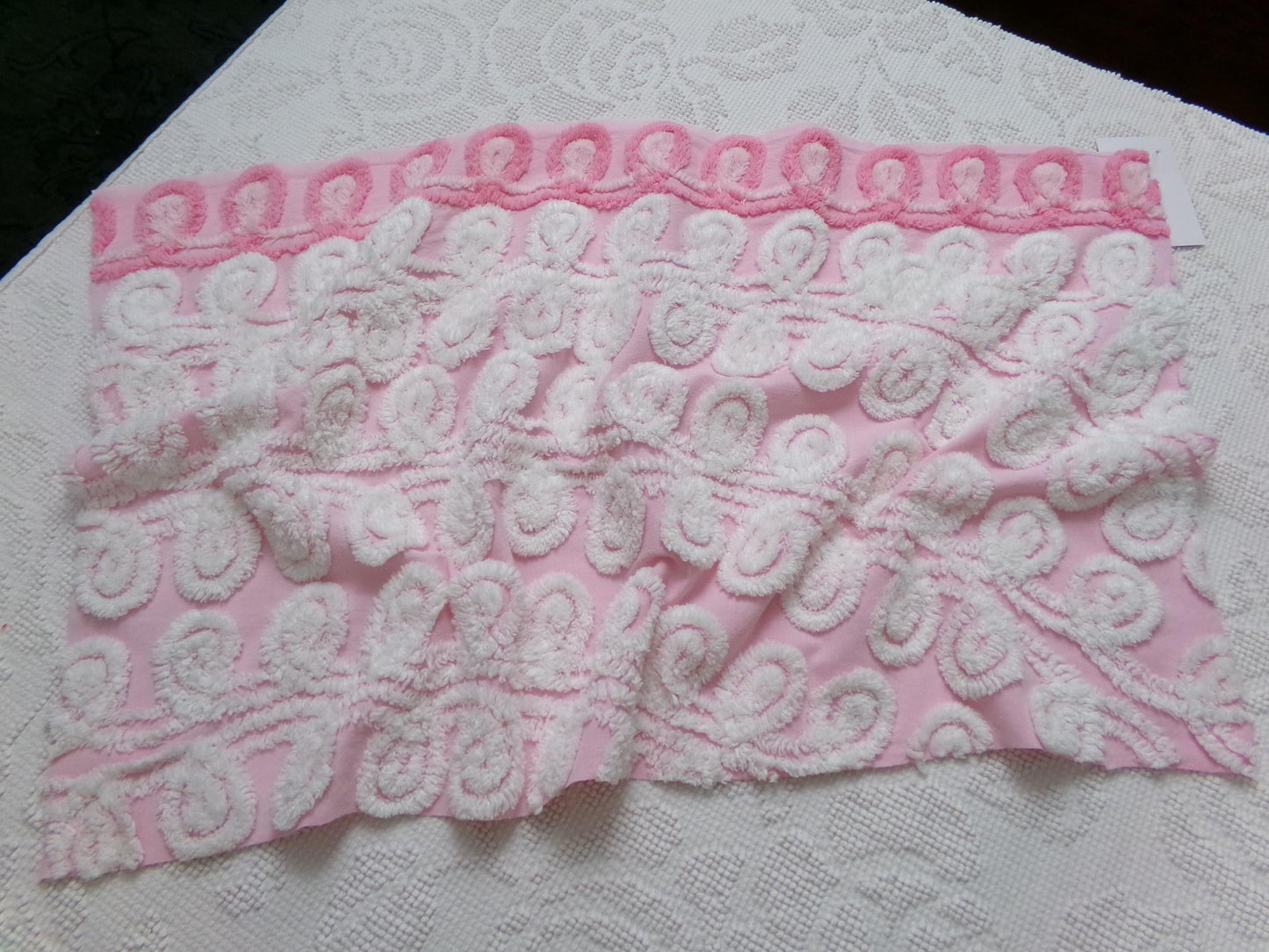Playful Pink Vintage Chenille Bedspread Fabric White Curlicues 15" x 26"