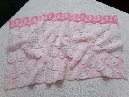 Playful Pink Vintage Chenille Bedspread Fabric White Curlicues 15" x 26"