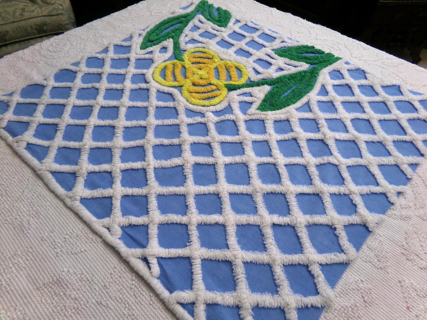 Vintage Blue Chenille Fabric, Yellow Flower on White Terrace Tuft, 22" x 23.5" Piece Sewing Quilt Material