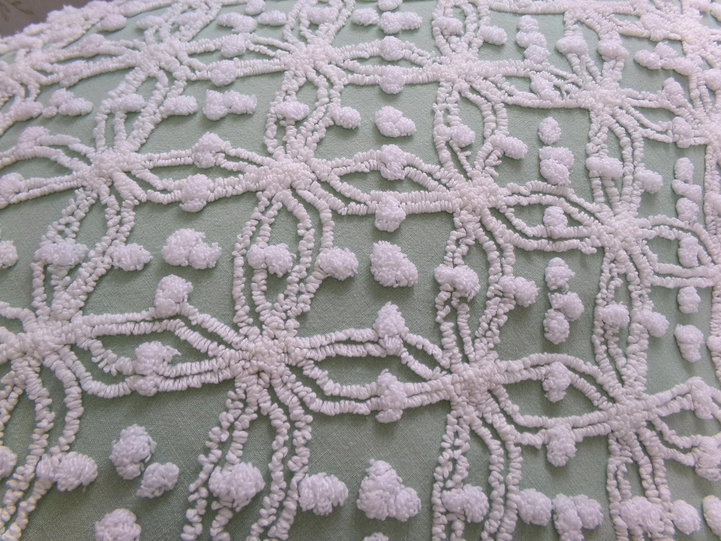 Vintage Sage Green Chenille Bedspread Fabric, Shabby Wedding Ring Pop 18x24" Quilting Material