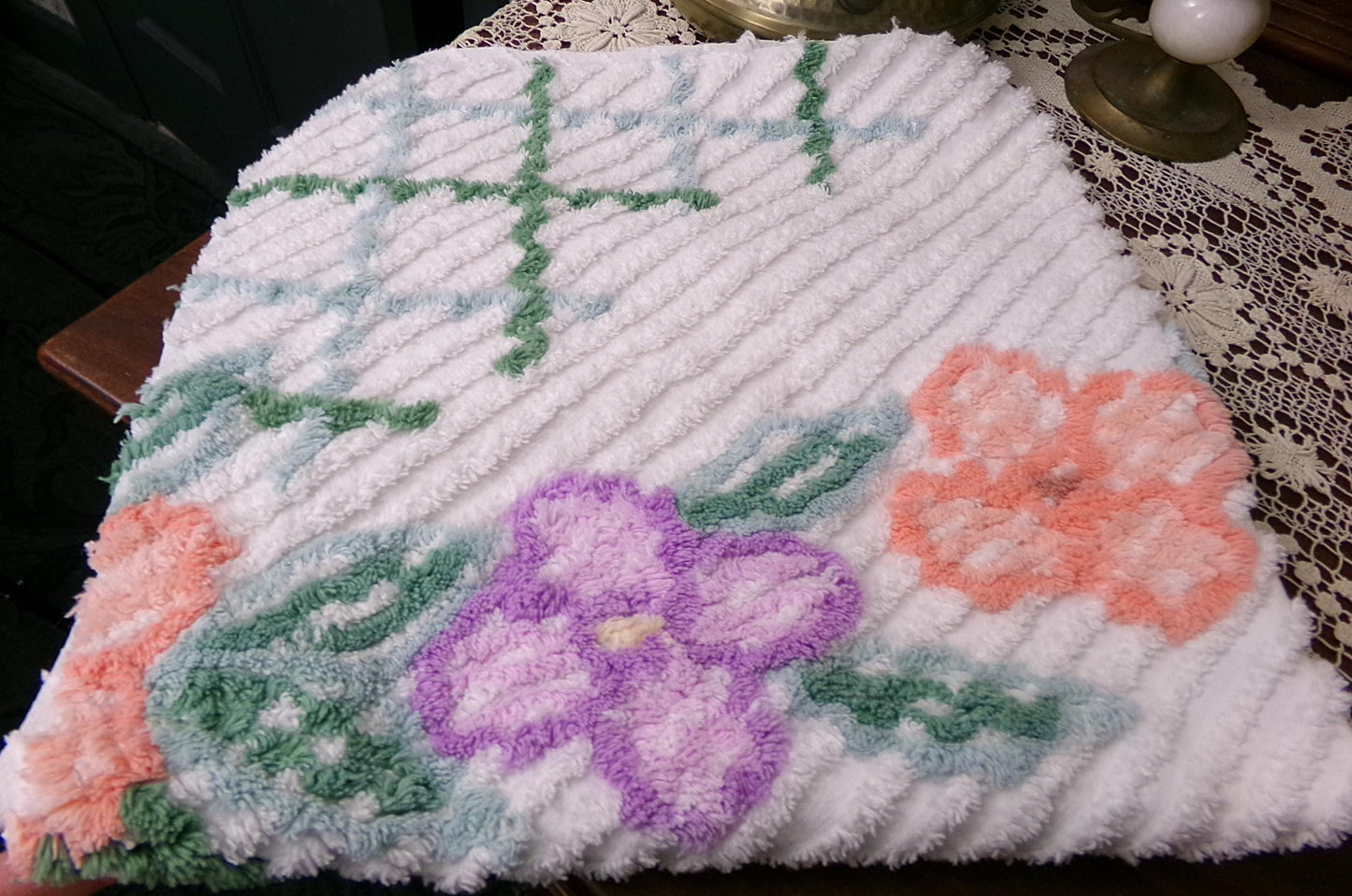Unique Vintage Chenille Bedspread Fabric, Geometric Floral 20" x 24" piece sewing material