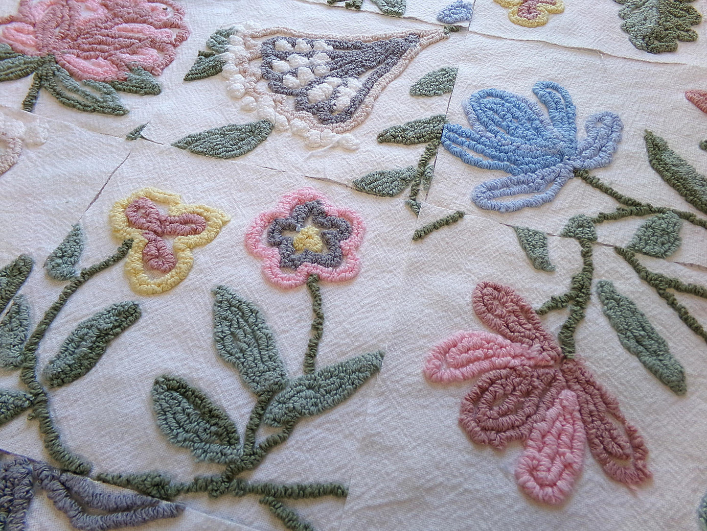 fantasy botanicals vintage chenille fabric squares, set of 16 natural floral 6" quilt blocks for crafts, sewing, diy pillow covers