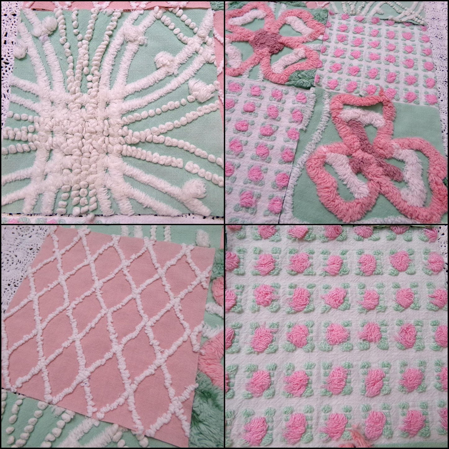 fresh cut roses vintage chenille fabric squares, set of 16 pink green quilt blocks 6" ea